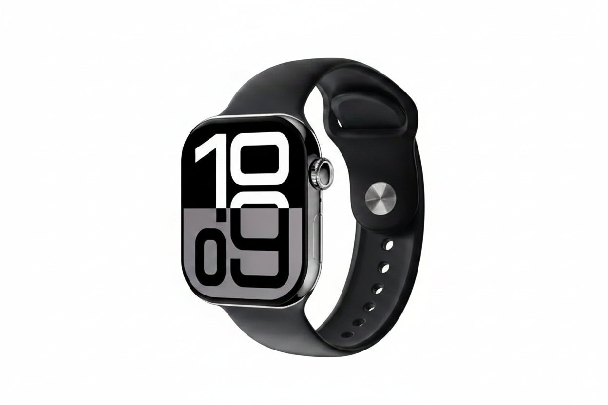 Black smartwatch with digital display on a white background