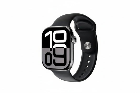 Black smartwatch with digital display on a white background